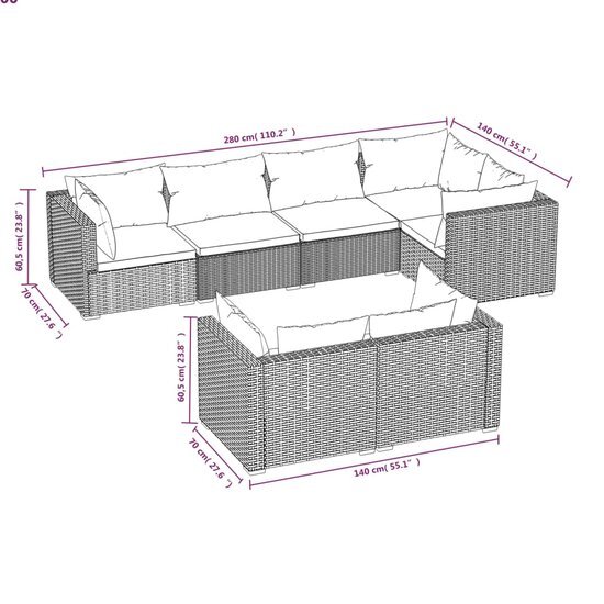 vidaXL 7-delige Loungeset met kussens poly rattan zwart