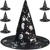 Relaxdays Heksenhoed, set van 6, Halloween-stijl, voor volwassenen, dames, heren, tovenaarshoed carnaval, zwart/zilver