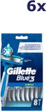 Gillette 6x Blue3 Wegwerpscheermesjes - 3 Bladen - Blauw - 8 Stuks