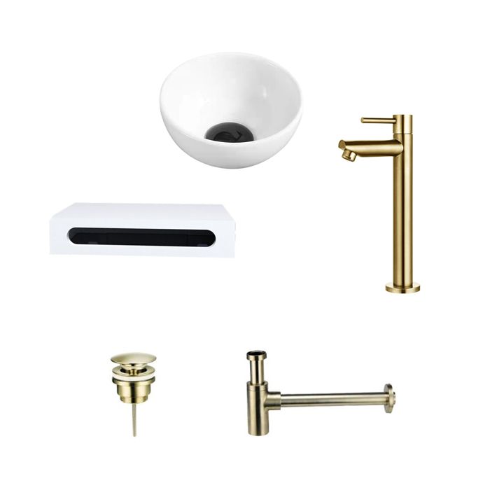 Keramische Waskom Wit Rond met Solid Surface Planchet - Goud 40x22x8 cm