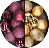Merkloos / Sans marque Billiet - Vanlaere 24x stuks kunststof kerstballen mix van aubergine en goud 6 cm