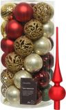 Kaemingk B.V. Boules de Noël en plastique 37x pc - rouge/or/perle/vert - 6 cm - avec étoile de Noël en verre rouge