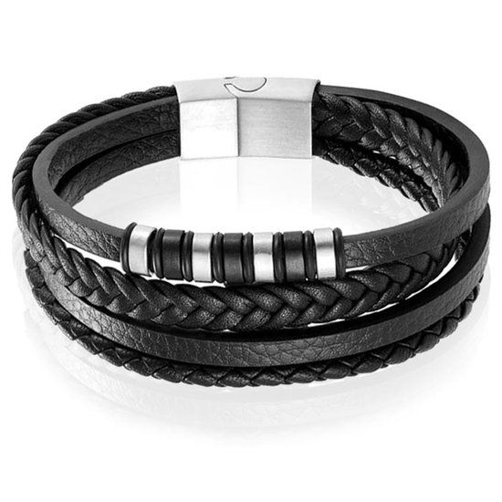 Mendes Lookinggoodtoday Leren heren armband Multi Mendes Edelstaal Zilverkleurig Zwart - 18.5cm