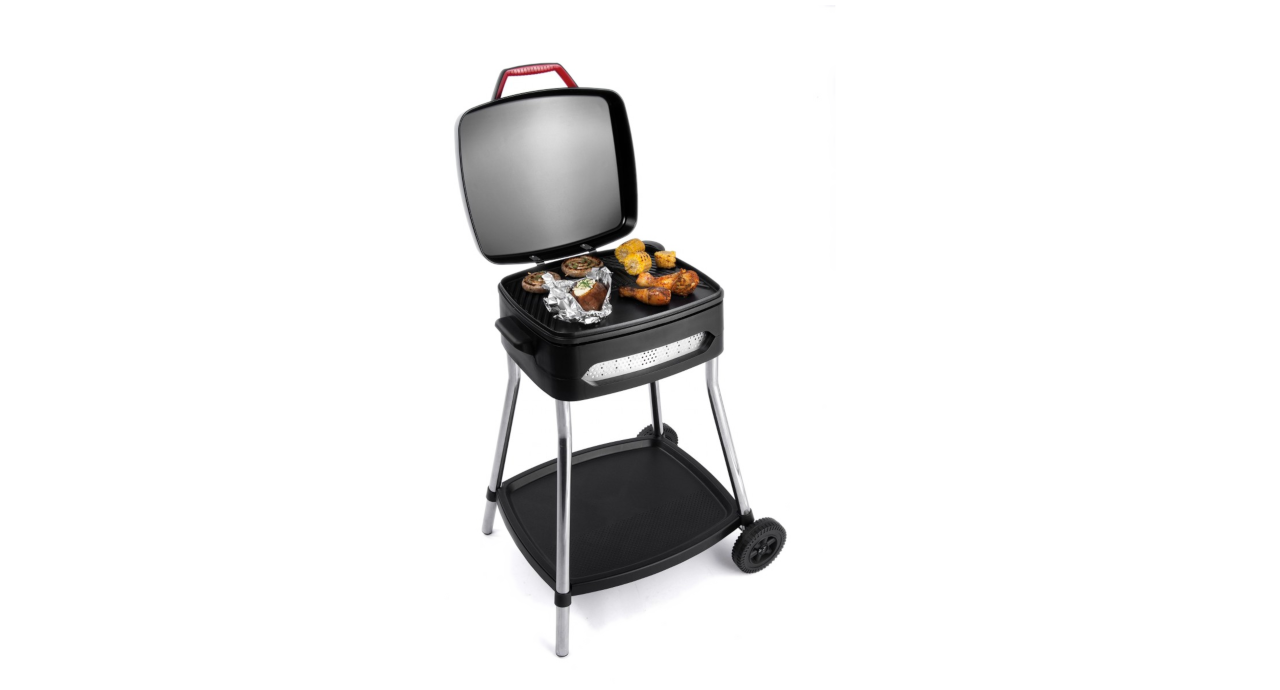 FRITEL BBQ 3278 - Electric Barbecue with Grill Surface, Lid, Wheels - Black, Red