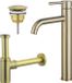 Fortifura Calvi Ensemble de robinetterie pour lavabo - robinetterie surélevée pour lavabo - bouchon à ouverture permanente - siphon design - PVD - laiton brossé (or)