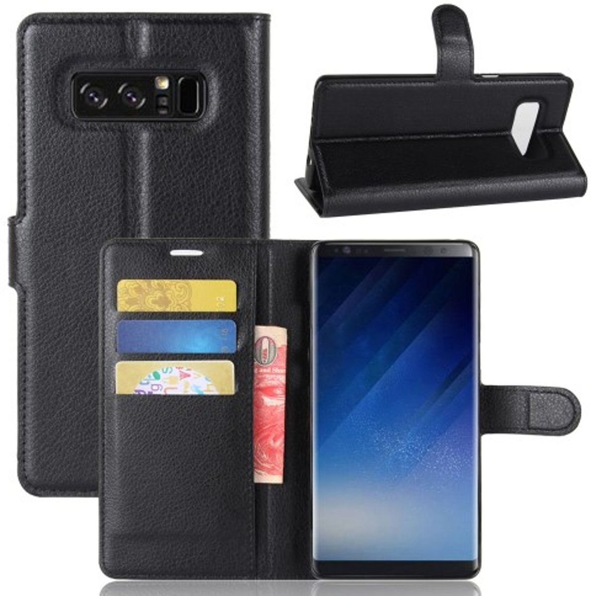 Samsung Galaxy Note 8 Hoesje Zwart met opbergvakjes