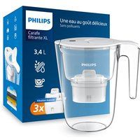 Philips Water XL filterkaraf + 3 reservefilterpatronen, geavanceerde filtratie, snelle stroom, elektronische timer, filtert chloor, kalk, zware metalen en microplastic, wit, 3,4 liter