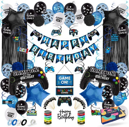 Fissaly Video Game Verjaardag Versiering Set met Ballonnen - 107 Stuks - Blauw