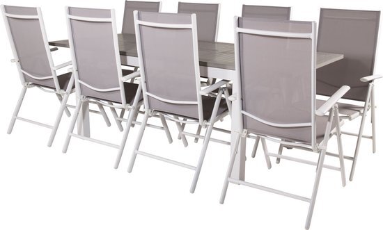 Hioshop Albany tuinmeubelset tafel 90x160/240cm en 8 stoel Break wit, grijs.