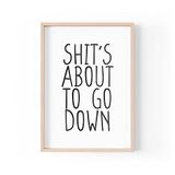 Grappige Home Prints Grappige quote print | Sh*t's About To Go Down | Typografie toilet badkamer grap banter | A4 A3 A5 | *FRAME NIET INBEGREPEN* - A4 - PBH27