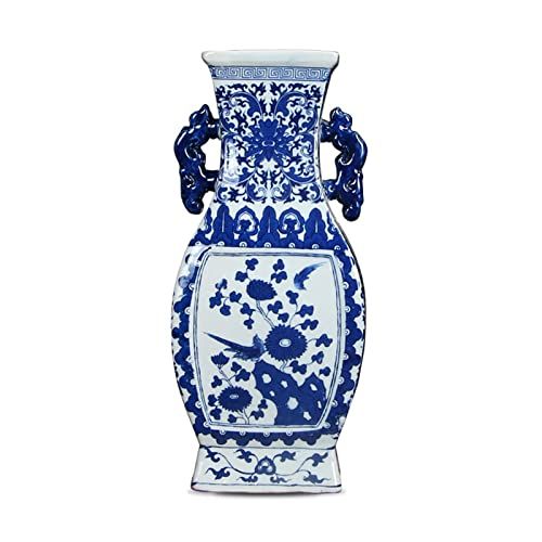 SERUMY Bloemenvaas Keramische Vaas Nieuwe Chinese Stijl Retro Dubbele Oor Handvat Porselein Vazen 122 Inch Grote Handgeschilderde Steengoed Decor Bloem Vaas Vazen Voor Bloemen