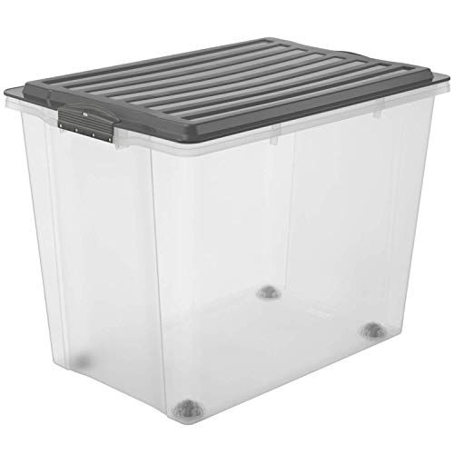 Rotho Babydesign Compact Opbergdoos 70l met deksel en wielen - grijs/transparant
