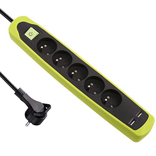 Electraline Rubbery 35618 Stekkerdoos met 5 stopcontacten en 2 USB – afdekking van siliconen met stootbescherming – kabel 2 m – platte stekker