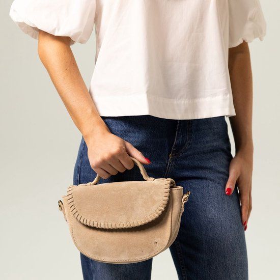 Manfield Beige Suède Schoudertas - Katoen - 15 cm - Vrouwen - Herfst/Winter 2024