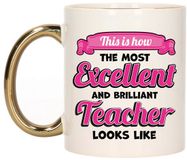 Bellatio Decorations Cadeau koffie/thee mok - excellent leraar/mentor - goud/roze - keramiek - 300 ml
