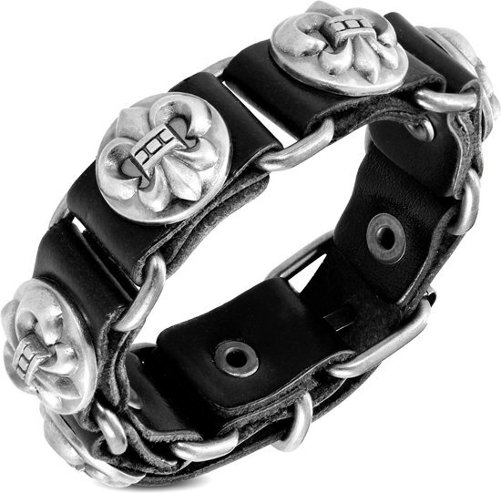 Amanto Armband Djorel Black - Heren - Leer - Stud Fleur De Lis - 20 mm - 22 cm