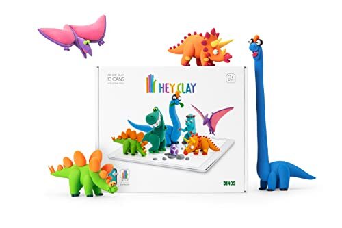 Hey Clay E73363 Dino-set – kleurrijke modellering voor kinderen – Air Dry Clay Kit 15 blikjes en sculpting tools met grappige interactieve handleiding (mogelijk niet beschikbaar in het Nederlands) app, meerkleurig