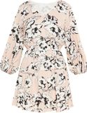 Usha Jurk beige gebloemd driekwart mouw ronde hals kort polyester XL