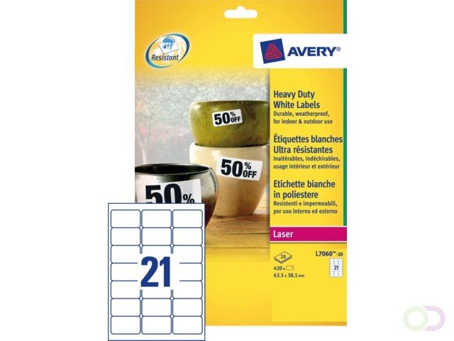 Avery Etiket L7060-20 63.5x38.1mm polyester wit 420stuks