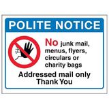 V Safety Polite Notice, No Junk Mail... Alleen geadresseerde post, bedankt 150 x 100 mm - Zelfklevend Vinyl - Veiligheidsbord met aluminium effect