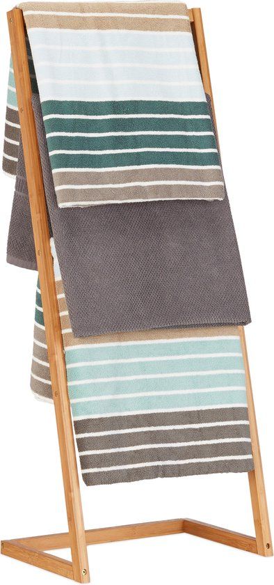 Relaxdays Handdoekenrek - Vrijstaand - Bamboe - 4 Stangen - Badkamer