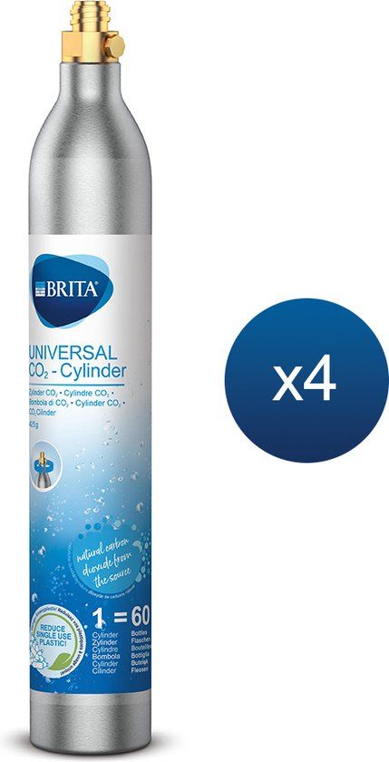 BRITA CO2 Cilinder Gascilinder voor Bruiswatertoestel - 4 stuks - Grijs - Tot 240L fris bruiswater