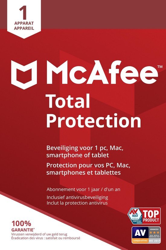 McAfee Total Protection - Multi-Device - 1 Apparaat - 1 Jaar - Nederlands / Frans - Windows / Mac