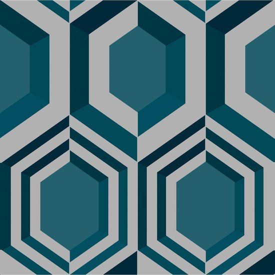 Dutch Wallcoverings Galactik retro petrol/grijs J407-11 Vliesbehang - blauw