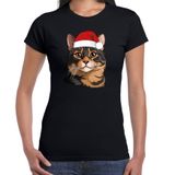 Bellatio Decorations Kerst T-shirt trui voor dames - bruine kat / poes met kerstmuts - zwart - Kerstfeest kleding XXL