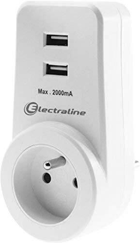 Electraline Energaline 70068 adapter stekkerdoos drievoudig | 1 stopcontact 16 A + 2 USB snellading 3,4 A, wit