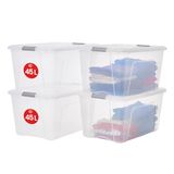 Iris Ohyama, Set van 4 plastic opbergdozen met deksel, 45L, Transparant / zilveren handgrepen