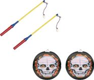 Merkloos 2x stuks ronde lampion 25 cm doodskop inclusief lampionstokjes - Halloween trick or treat lampionnen versiering