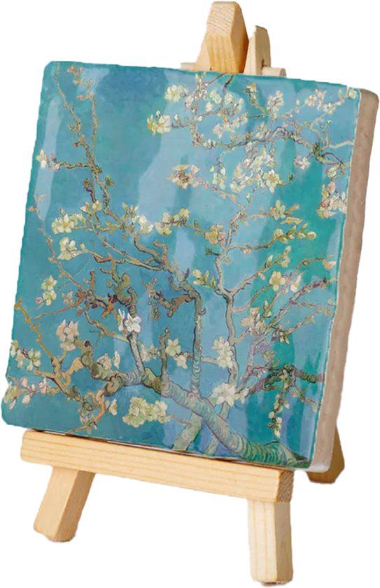 Kunsttegeltje.nl - Mini Schilderij Tegeltje van Gogh - Amandelbloesem - Keramiek - 10x10cm