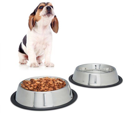 Relaxdays dinerset hond - voer- en drinkbak - rvs voerbak - antislip hondenvoerbak zilver M