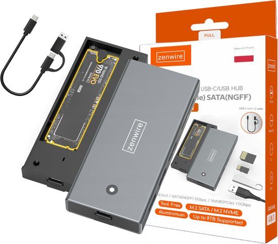 Zenwire Schijfbehuizing/Hub 6in1 MC401 - M.2 SSD behuizing met heatsink NVME SATA - Hardeschijfbehuizingen - Multiport 2x USB-A - Adapter SD- en micro SD-kaartlezer - SSD m.2 NVME en SATA tot 10 GB/s tot 8 TB - Space Grey