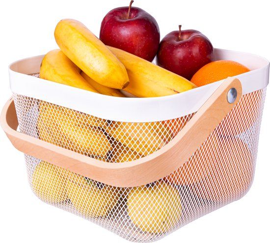 QUVIO Draagbare mand - Met houten handvat - Metaal - Wit