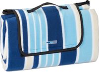 Relaxdays Picknickkleed XXL, gestreept, 200 x 200 cm, fleece stranddeken, warmte-isolerend, met handgreep, blauw-wit