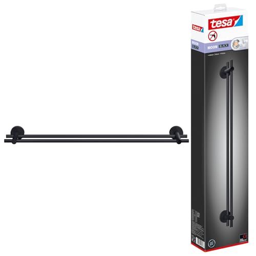 Tesa MOON BLACK dubbele handdoekhouder, mat zwart, zelfklevend, 112 mm x 640 mm x 50 mm
