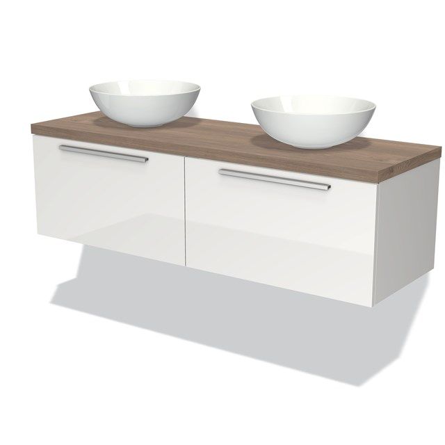 Maxaro Badkamermeubel Modulo Plato 140cm Hoogglans Wit 2 Lades Middenbruin Eiken