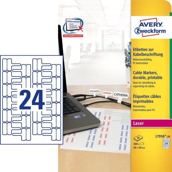Avery-Zweckform L7950-20 Kabeletiketten 60 x 40 mm Polyester folie Wit 480 stuk(s) Permanent hechtend Laser (zwart/wit)