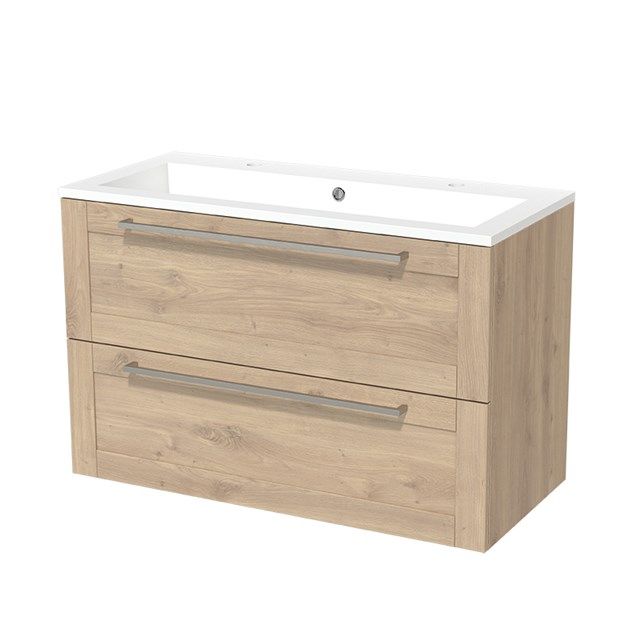 Maxaro Badkamermeubel 100cm Modulo Lichtbruin Eiken 2 lades Kader Wastafel Mineraalmarmer