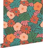 ESTAHome Vliesbehang Bloemen Matisse Stijl Donkergroen/Oranje/Blauw 53cm x 10.05m