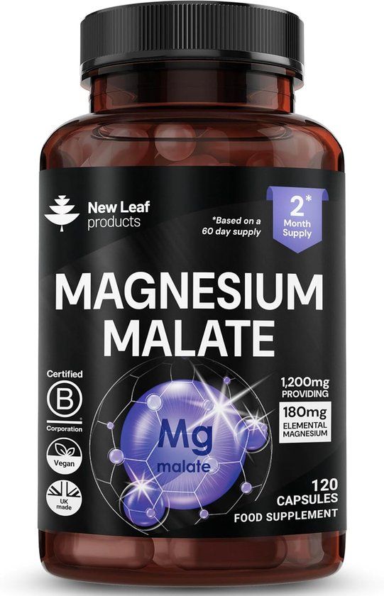New Leaf Products New Leaf Magnesium Malaat 1200 mg per Portie – Magnesium Capsules Hoge Sterkte – Hoge Opname – 120 Veganistische Capsules – 2 Maanden Voorraad