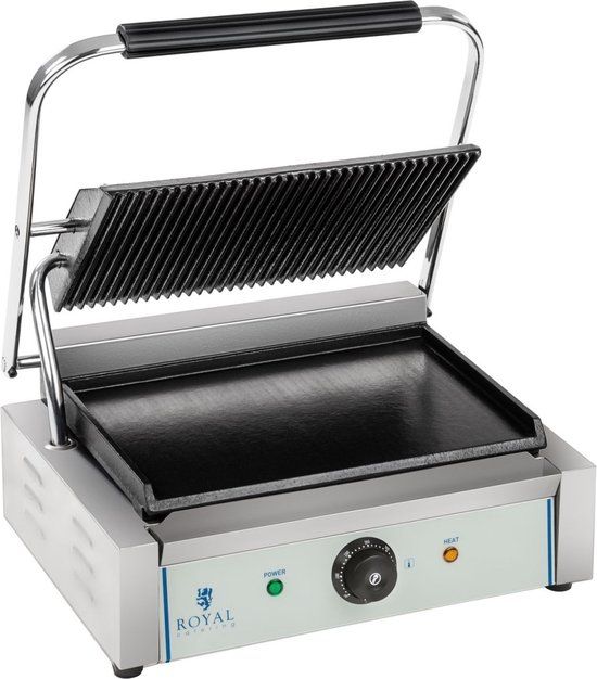 Royal Catering Contactgrill - 2200 W - Geribbelde bovenste bakplaat - Zilver