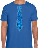 Bellatio Decorations Verkleed shirt heren - pailletten stropdas - blauw - L