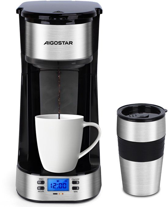 Aigostar 302FX - Filter Coffee Machine - 0.42 l - Thermos Mug - Timer Switch - Ideal for Camping - 750W - Stainless Steel/Black