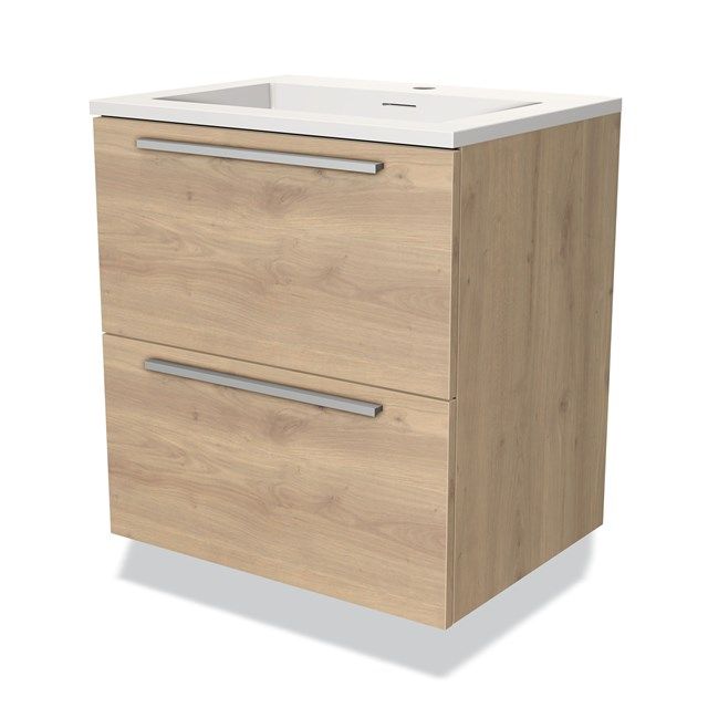 Maxaro Badkamermeubel 60cm Modulo Lichtbruin Eiken 2 Lades Vlak Wastafel Solid Surface