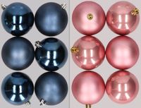 12x stuks boules en plastique mélange bleu foncé et rose poudré 8 cm - Décoration de Noël