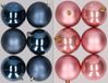 12x stuks boules en plastique mélange bleu foncé et rose poudré 8 cm - Décoration de Noël