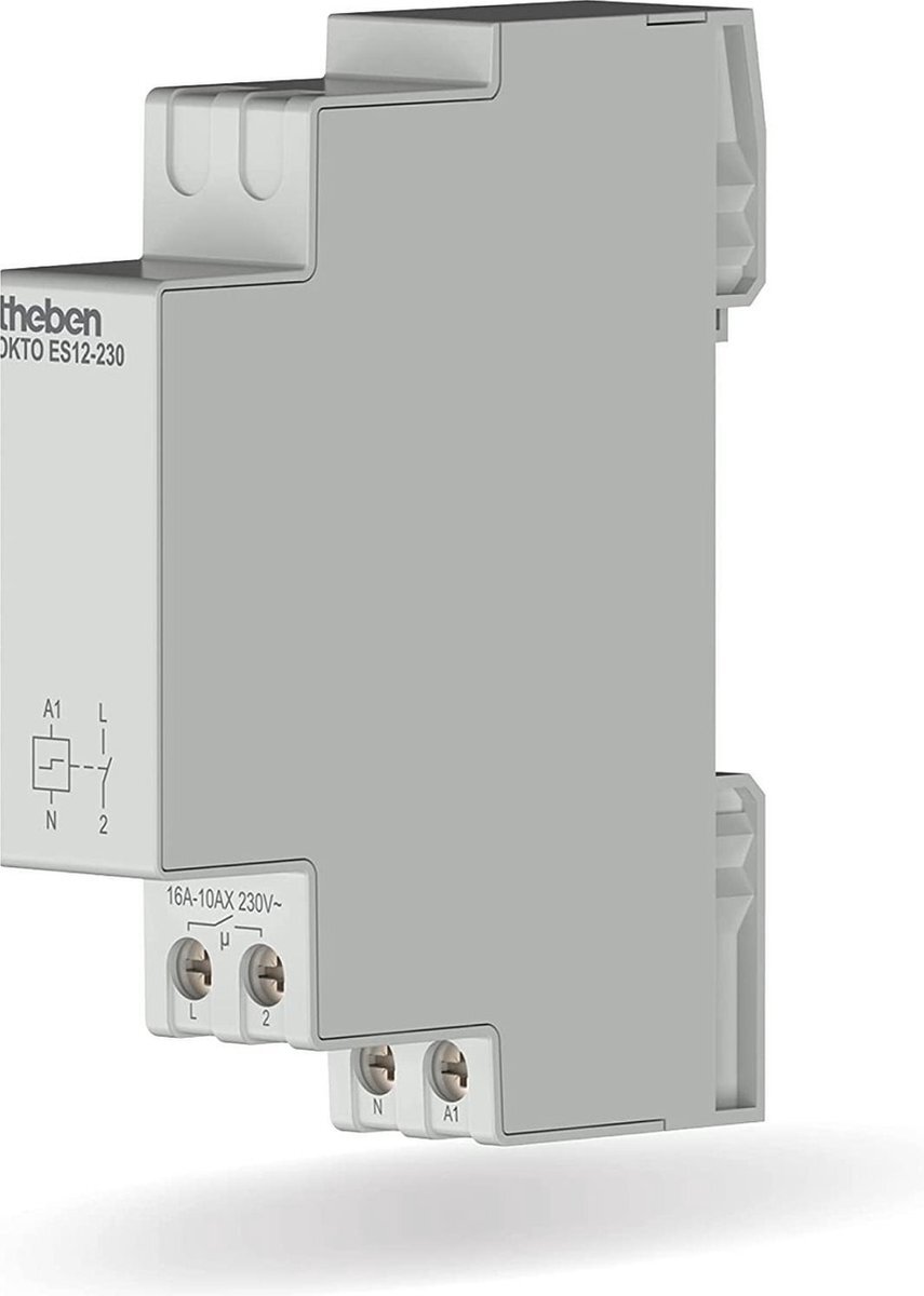 Theben 3120130 OKTO ES12-230 stroomstootschakelaar, stroomstootrelais, 230 V, elektronisch, DIN-rail, DIN-rail, DIN-rail, 1 sluiter, led tot 600 W, lichtregeling